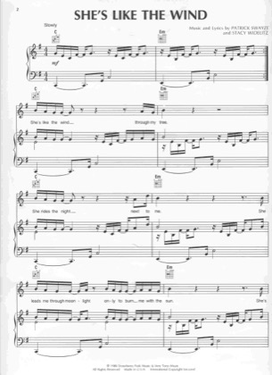 Thumbnail of first page of She's Like The Wind piano sheet music PDF by Patrick Swayze.