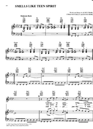 Thumbnail of first page of Smells Like Teen Spirit piano sheet music PDF by Nirvana.