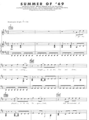 Thumbnail of first page of Summer of 69' piano sheet music PDF by Bryan Adams.