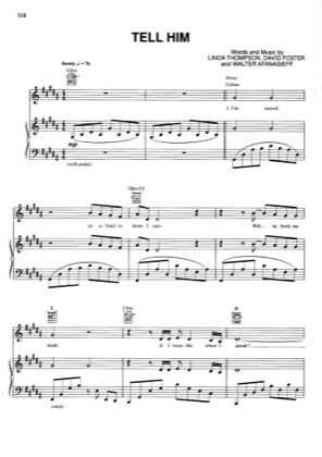 Thumbnail of first page of Tell Him piano sheet music PDF by Celine Dion & Barbra Streisand.