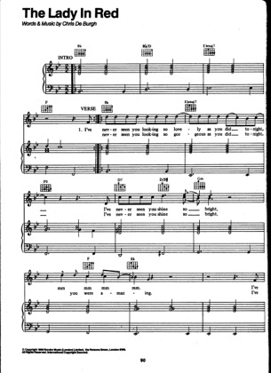 Thumbnail of first page of Lady In Red piano sheet music PDF by Chris De Burgh.