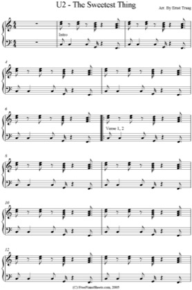 Thumbnail of first page of The Sweetest Thing piano sheet music PDF by U2.