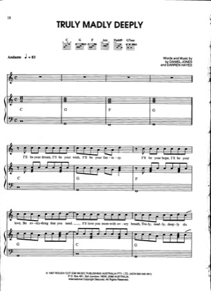 Thumbnail of first page of Truly Madly Deeply piano sheet music PDF by Savage Garden.