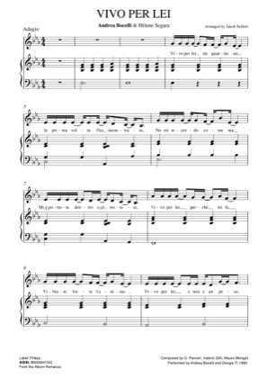Thumbnail of first page of Vivo Per Lei piano sheet music PDF by Andrea Bocelli & Laura Pausini.
