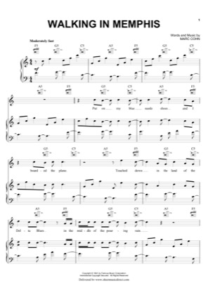Thumbnail of first page of Walking In Memphis piano sheet music PDF by Marc Cohn.