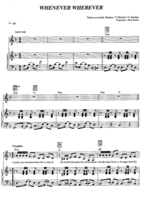 Thumbnail of first page of Whenever Wherever piano sheet music PDF by Shakira.