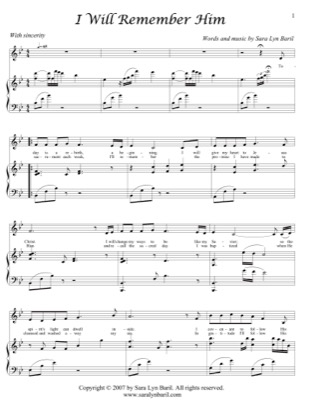 Thumbnail of first page of I Will Remember Him piano sheet music PDF by Sara Lyn Baril.