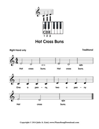 Thumbnail of first page of Hot Cross Buns piano sheet music PDF by Kids (Lvl 1).