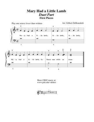 Thumbnail of first page of Mary Had a Little Lamb (duet) piano sheet music PDF by Kids.