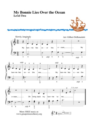 Thumbnail of first page of My Bonnie Lies over the Ocean, short version piano sheet music PDF by Kids.
