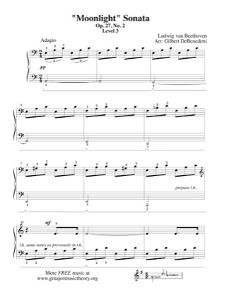 Thumbnail of first page of Moonlight Sonata (Lvl 3) piano sheet music PDF by Beethoven.