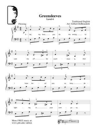 Thumbnail of first page of Greensleeves (2) piano sheet music PDF by Kids.