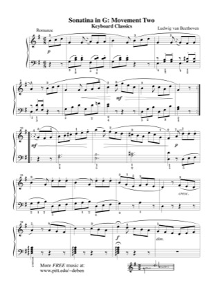 Thumbnail of first page of Romanze (from Sonatina in G) piano sheet music PDF by Beethoven.