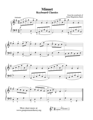 Thumbnail of first page of Minuet in G (with arpeggios) piano sheet music PDF by Bach.