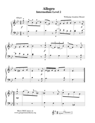 Thumbnail of first page of Allegro piano sheet music PDF by Mozart.