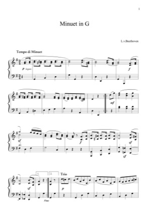 Thumbnail of first page of Minuet in G (2) piano sheet music PDF by Beethoven.