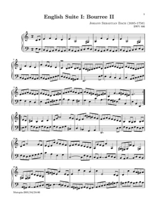 Thumbnail of first page of Bouree II from English Suite I piano sheet music PDF by Bach.