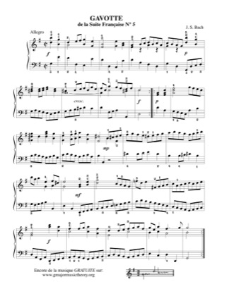 Thumbnail of first page of Gavotte (from French Suite No. 5) piano sheet music PDF by Bach.