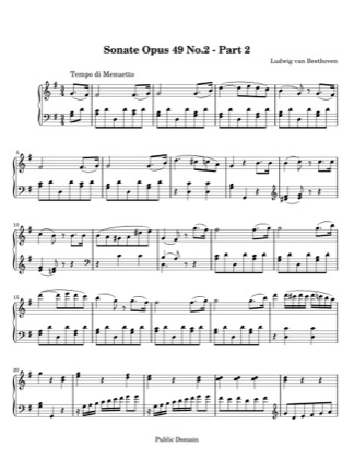 Thumbnail of first page of Sonata No. 20, Op. 49, No. 2 in G (Movement 2) piano sheet music PDF by Beethoven.