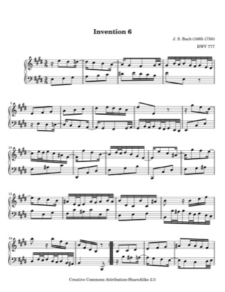 Thumbnail of first page of Invention No. 6 piano sheet music PDF by Bach.