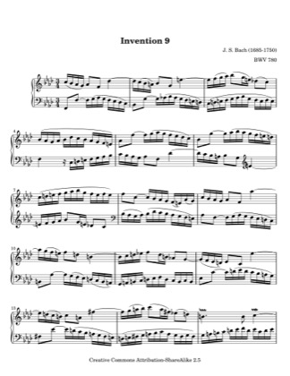Thumbnail of first page of Invention No. 9 piano sheet music PDF by Bach.