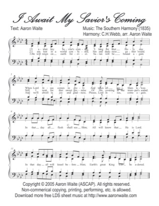 Thumbnail of first page of I Await My Savior's Coming piano sheet music PDF by Aaron Waite.