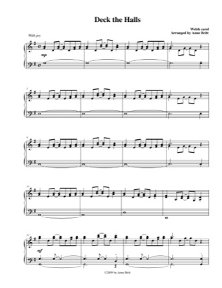 Thumbnail of first page of Deck The Halls piano sheet music PDF by Anne Britt.