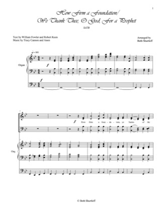 Thumbnail of first page of How Firm a Foundation/We Thank Thee, O God, for a Prophet piano sheet music PDF by Beth Shurtleff.