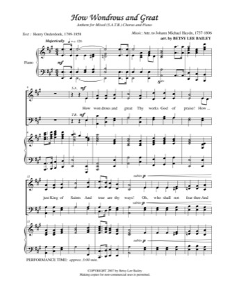 Thumbnail of first page of How Wondrous and Great piano sheet music PDF by Betsy Bailey.
