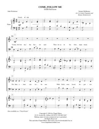 Thumbnail of first page of Come Follow Me (Full score) piano sheet music PDF by Bonnie Heidenreich.