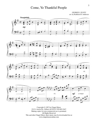 Thumbnail of first page of Come, Ye Thankful People piano sheet music PDF by Bonnie Heidenreich.