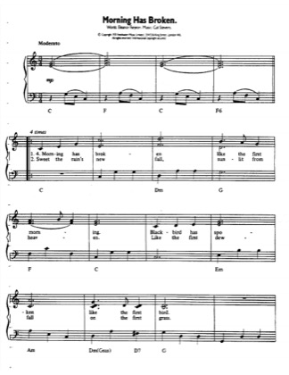 Thumbnail of first page of Morning Has Broken piano sheet music PDF by Cat Stevens.