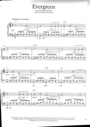 Thumbnail of first page of Evergreen piano sheet music PDF by Barbara Streisand.