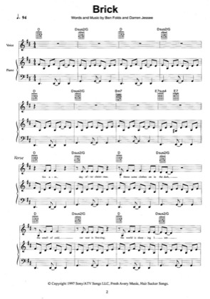 Thumbnail of first page of Brick piano sheet music PDF by Ben Folds.