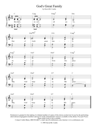 Thumbnail of first page of God's Great Family piano sheet music PDF by David Combs.