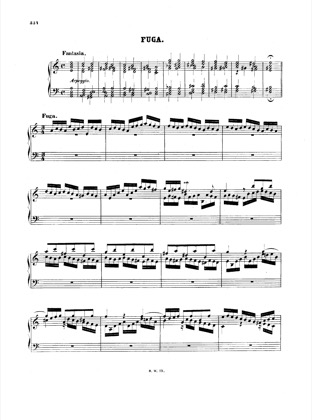 Thumbnail of first page of Fugue in A Minor piano sheet music PDF by Bach.