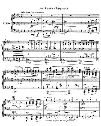 Thumbnail of first page of D'un Cahier d'Esquisses piano sheet music PDF by Debussy.
