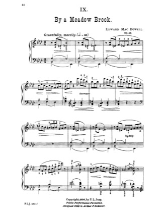 Thumbnail of first page of By A Meadow Brook piano sheet music PDF by Edward MacDowell.