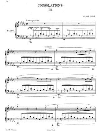 Thumbnail of first page of Consolations - Consolation No. 3 in D-flat Major piano sheet music PDF by Liszt.