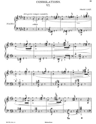 Thumbnail of first page of Consolations - Consolation No. 6 in E Major piano sheet music PDF by Liszt.