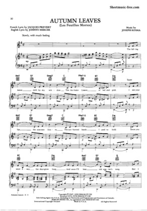 Thumbnail of first page of Autumn Leaves  piano sheet music PDF by Les Feuilles Mortes.