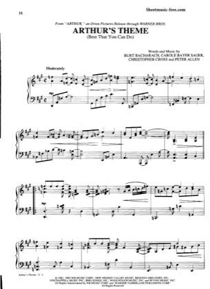 Thumbnail of first page of Arthur's Theme (Best That You Can Do) piano sheet music PDF by Arthur.