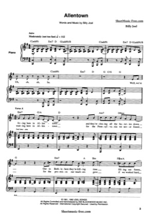 Thumbnail of first page of Allentown  piano sheet music PDF by Billy Joel.