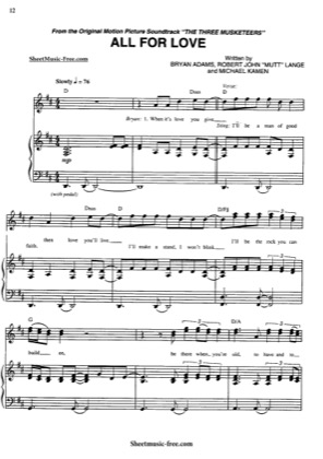 Thumbnail of first page of All For Love piano sheet music PDF by The Three Muskateers.