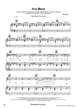 Thumbnail of first page of Ave Maria  piano sheet music PDF by Beyonce.