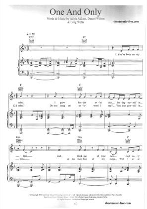 Thumbnail of first page of One And Only piano sheet music PDF by Adele.