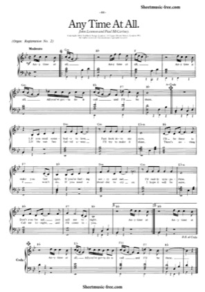 Thumbnail of first page of Any Time At All piano sheet music PDF by The Beatles.