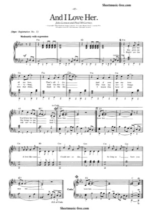 Thumbnail of first page of And I Love Her piano sheet music PDF by The Beatles.
