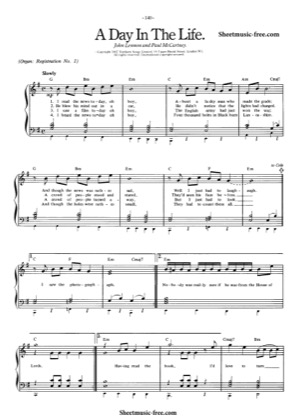 Thumbnail of first page of A Day In The Life piano sheet music PDF by The Beatles.
