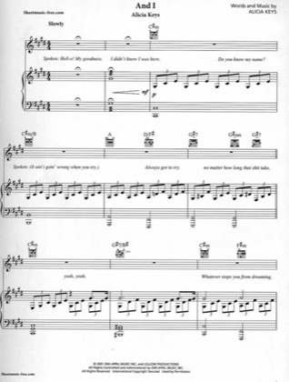 Thumbnail of first page of And I piano sheet music PDF by Alicia Keys.